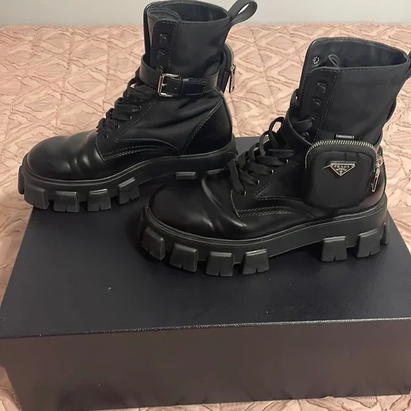 Brushed Leather Booties Lug Sole Prada Monolith Boots Sizing Prada